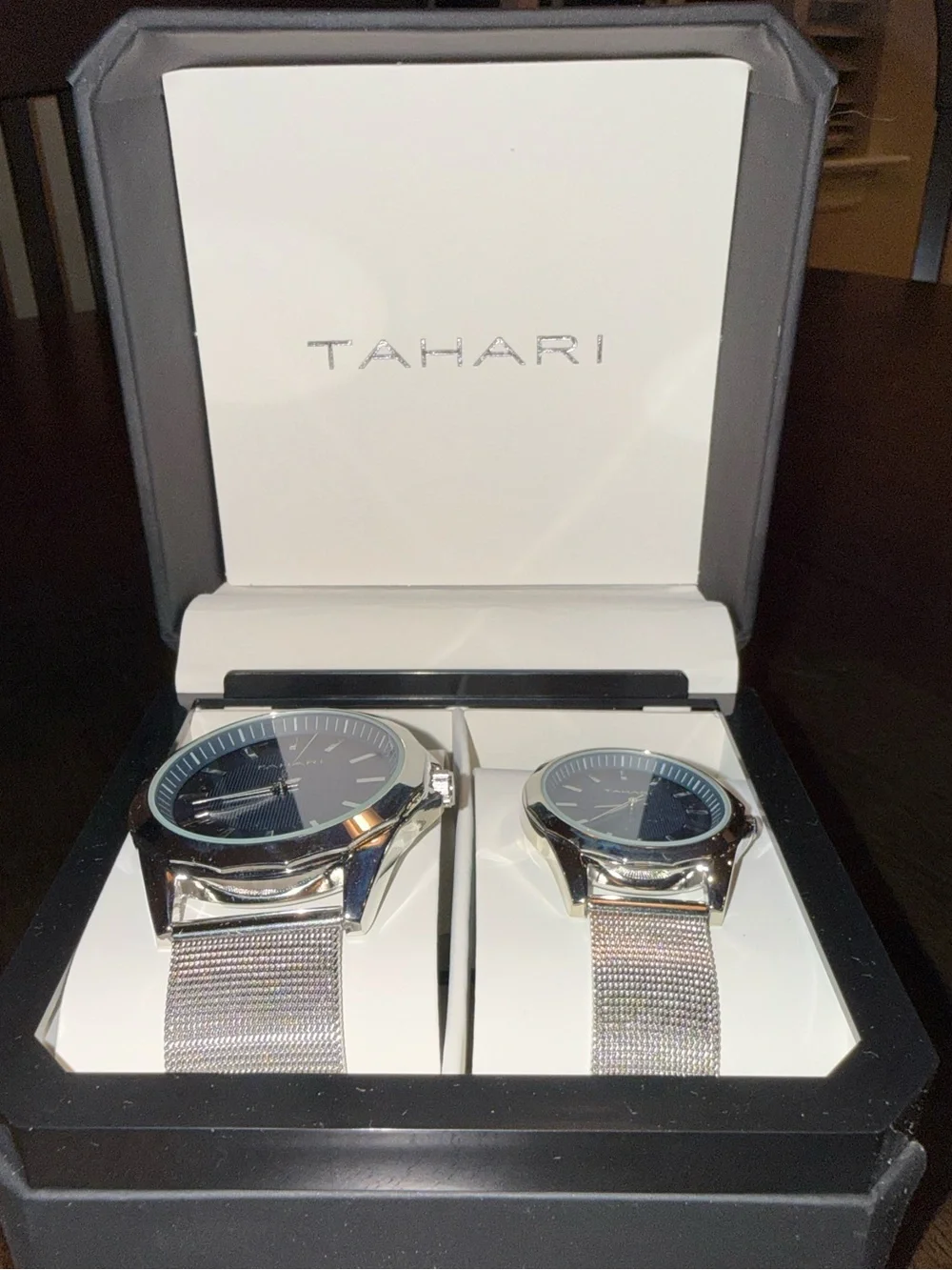 NIB Tahari -Watch Set Silver Mesh Mesh Band Purple Sunburst Dials His & Hers